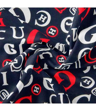 Тканина плательна штапель Бренді Gucci темно синій, Написи
